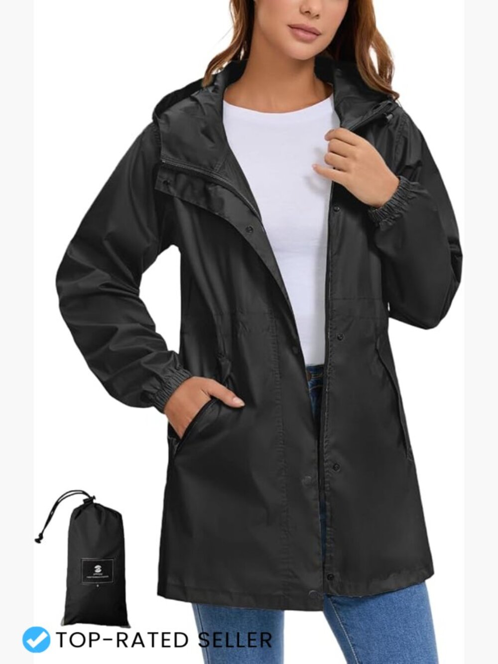 Lightweight Packable Waterproof Rain Jacket Hooded Long Sleeve Utility Trench